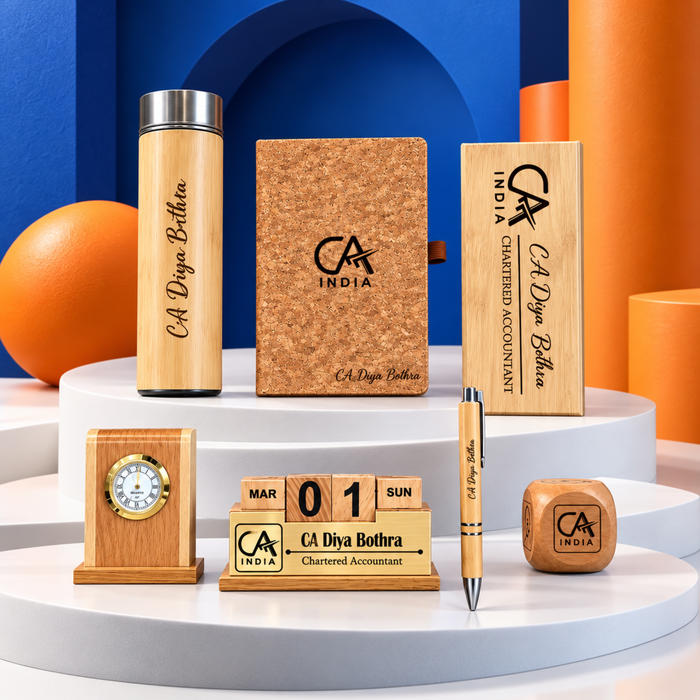 Personalised Bamboo Professional Gift Set | Flask Cork Diary Name Plate Pen Stand Bamboo Pen & Paper Weight | 6-Piece Gift Set
