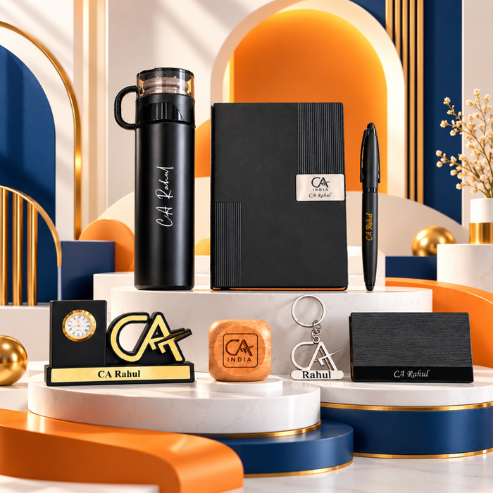 Personalised Legacy Professional Gift Set | Flask Diary Pen Keychain Pen Stand Paper Weight & Card Holder | 7-Piece Gift Set