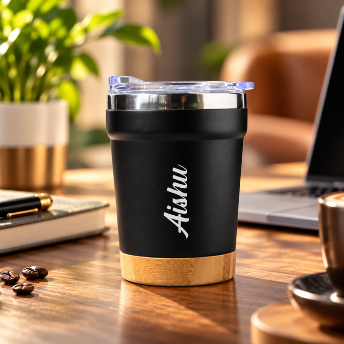 Personalised Supreme Travel Mug | 350ml Tumbler with Wooden Base Grip