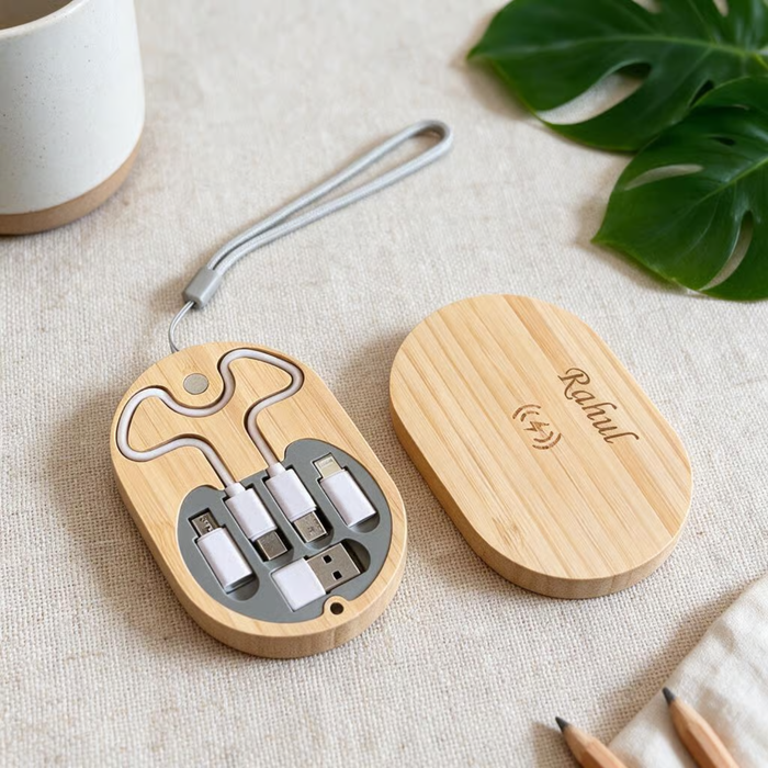 Personalized Bamboo Cable Kit | Custom Name USB Charging Cable Set with Multi Connectors | Compact Travel Tech Organizer for Office & Gifting