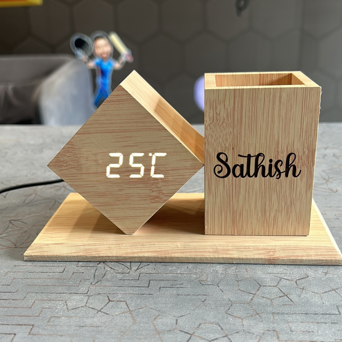 Bamboo Desk Organizer with Digital Clock Display | Wooden Pen Holder for Office & Study Table