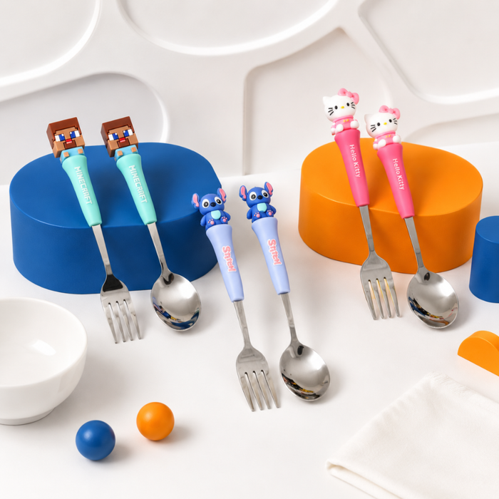 Fancy Silicone Fork & Spoon Set | Stitch & Hello Kitty Cute Character Kids Dining Cutlery for Everyday Use