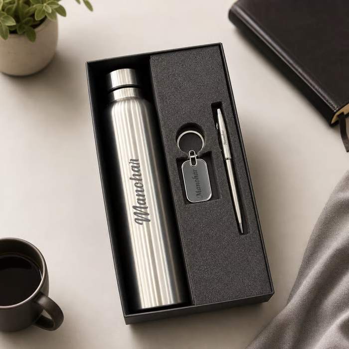 Personalized Classic Steel 3 in 1 Gift Set | Custom Name Steel Bottle Pen & Keychain Combo | Corporate Birthday Office Gifting Set
