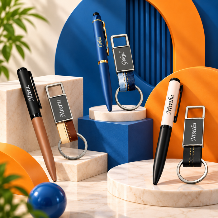 Personalised Dual Tone Pen & Keychain Set | Stylish Pen with Matching Dual Tone Keychain | 2-Piece Gift Set for Men & Women