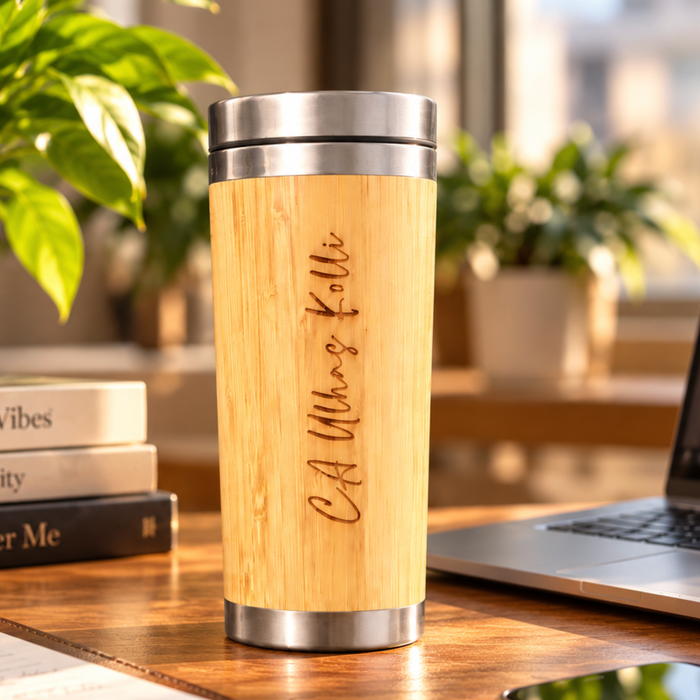 Personalised Bamboo Travel Mug | 400ml Wooden Finish Coffee Tumbler
