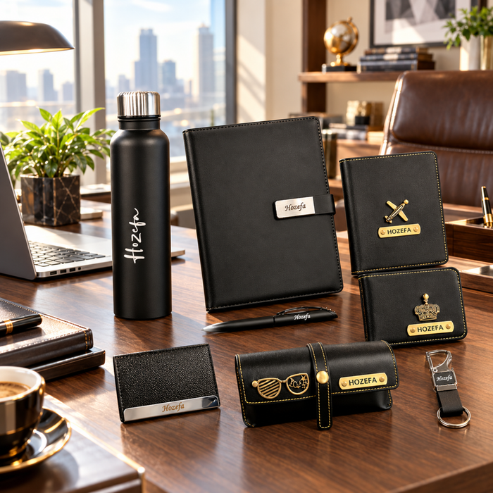 Classic Black Customised Hamper | Personalised Steel Bottle, Diary, Pen, Passport Cover, Wallet, Eyewear Case, Keychain & Card Holder Gift Set