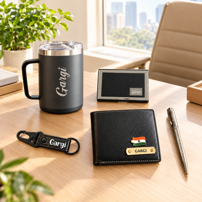 Nexon Signature Gift Box for Men | Wallet, Travel Mug, RFID Card Holder, Hook Keychain & Croc Snakes Pen | 5-Piece Personalized Gift Set