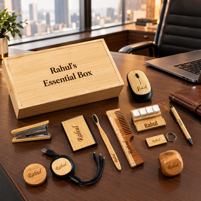 Bamboo Customised Essential Gift Set | Personalised Wooden Box with Toothbrush, Hair Brush, Stapler, Bottle Opener, Cable Set, Card Holder, Pen, Keychain, Mobile Holder & Mouse