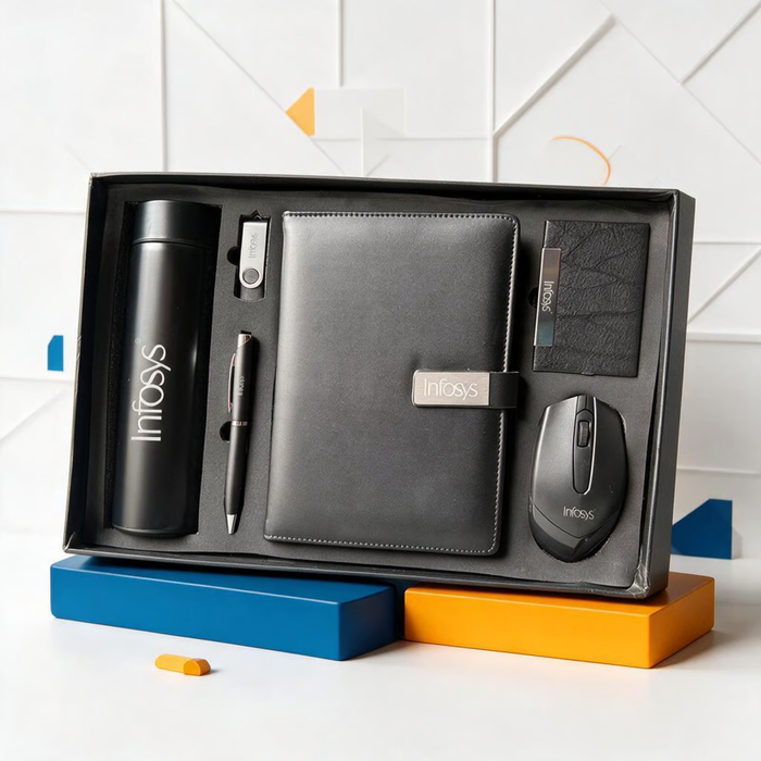 Personalized Nexora 6 in 1 Gift Set | Custom Name Flask Diary Pen Mouse Card Holder & Pen Drive Combo | Corporate Office Gifting Set