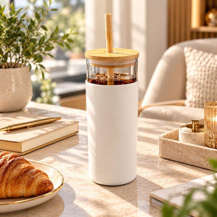 Personalised Bamboo Glass Tumbler | Glass Mug with Bamboo Lid & Straw