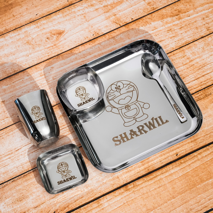 Personalized Square Dinner Set | Custom Name Plate 2 Cups Glass Fork & Spoon | Stainless Steel Dining Gift Set for Kids & Gifting