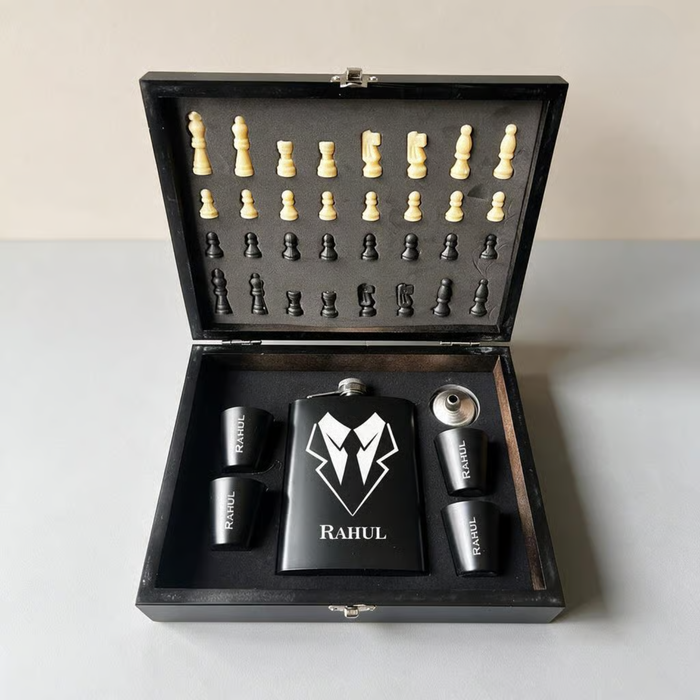 Personalised Chess Board & Hip Flask Gift Set | 200ml Stainless Steel Flask with 50ml Shot Glasses, Funnel & Premium Chess Game Combo