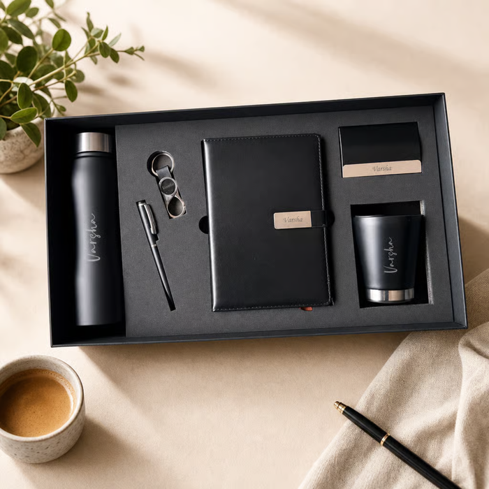 Personalized Crown 6 in 1 Gift Set | Custom Name Flask Diary Travel Mug Pen Card Holder & Keychain | Corporate Office Birthday Gift Combo