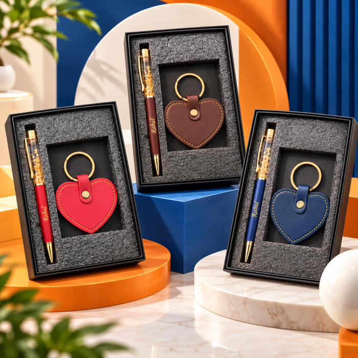 Personalised Heart Shape Keychain & Gold Flake Pen Set | Stylish Pen with Heart Keychain | 2-Piece Gift Set for Men & Women