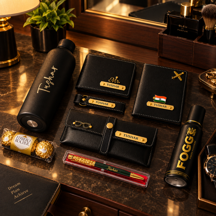 Customised All Occasion Gift Set for Men | Solid Flask, Wallet, Keychain, Eyewear Case, Body Spray, Gold Flake Pen & Ferrero Chocolates | Premium Personalised Gift Hamper