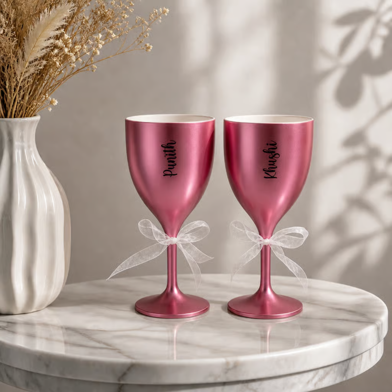 Personalized Wine Glass Set of 2 | 300 ml Premium Unbreakable Wine Glasses with Custom Name Printing | Matte Finish Champagne Goblets for Wedding, Anniversary, Couple, Birthday & Gift | Gift Box Available