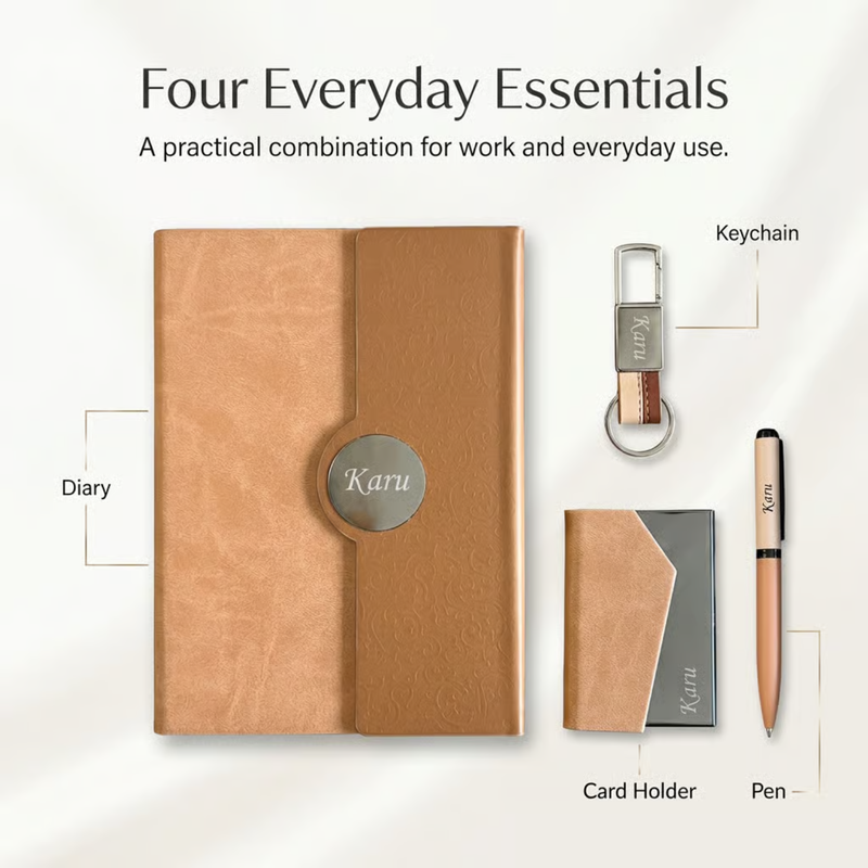 Personalized Ivory 4 in 1 Gift Set | Custom Name Diary Pen Keychain & Card Holder Combo | Corporate Birthday Office Gifting Set