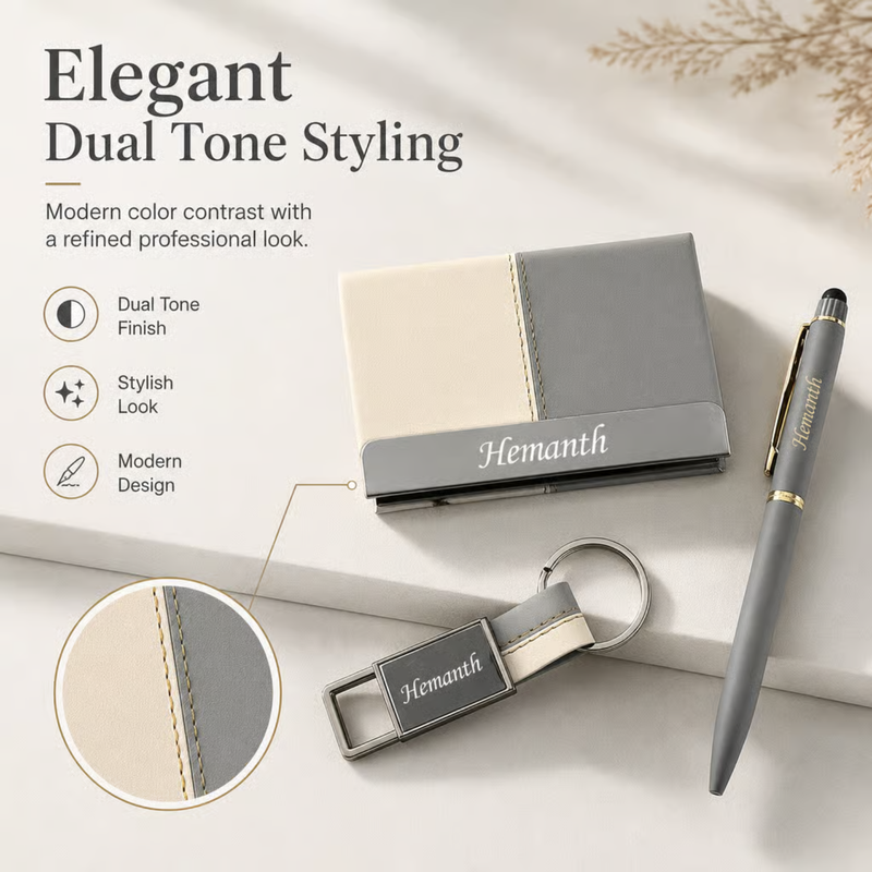 Personalized Dual Tone 3 in 1 Gift Set | Custom Name Card Holder Pen & Keychain Combo | Corporate Birthday Office Gifting Set
