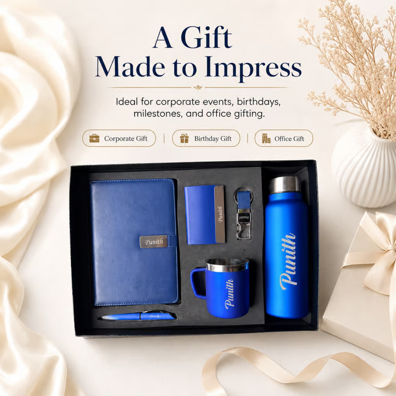 Personalized Mercury 6 in 1 Gift Set | Custom Name Diary Bottle Pen Keychain Card Holder & Mug Combo | Corporate Birthday Office Gifting Set
