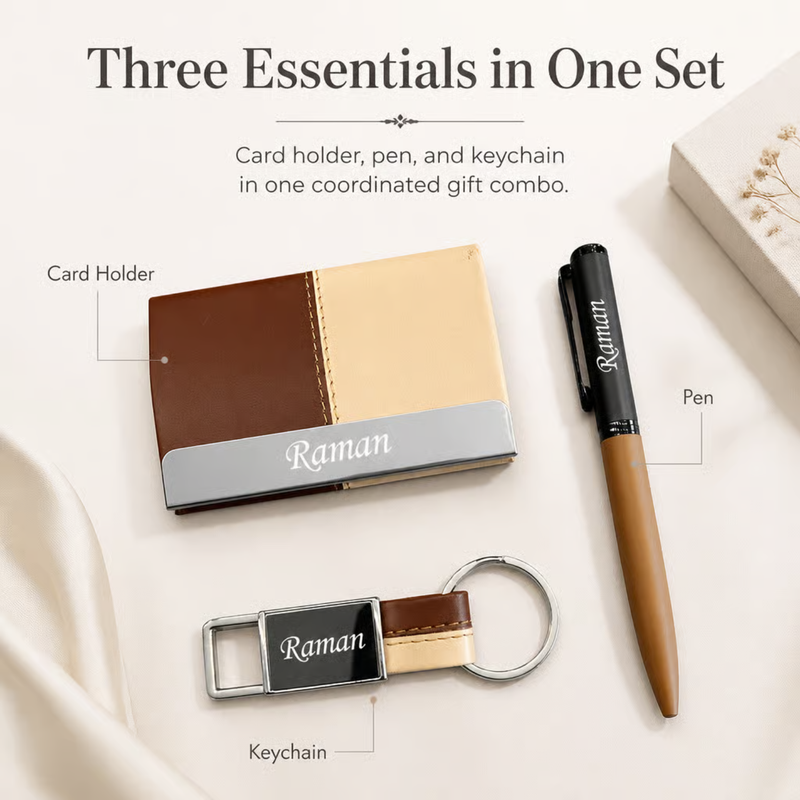 Personalized Dual Tone 3 in 1 Gift Set | Custom Name Card Holder Pen & Keychain Combo | Corporate Birthday Office Gifting Set