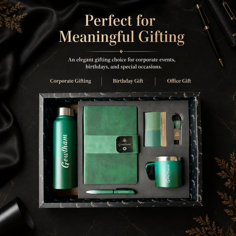 Personalized Dual Tone 6 in 1 Gift Set | Custom Name Diary Bottle Pen Keychain Card Holder & Mug Combo | Corporate Birthday Office Gifting Set