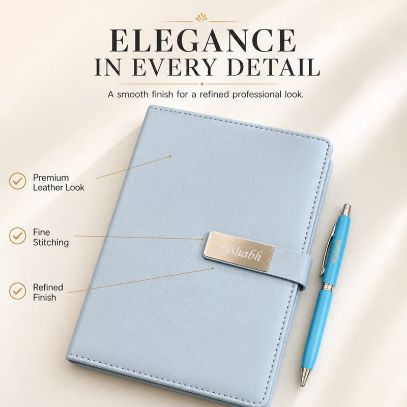 Vega Personalised Diary Pen Set | Premium Leather Finish Diary with Custom Name Printing & Matching Pen | Luxury Office Stationery Gift Set for Professionals