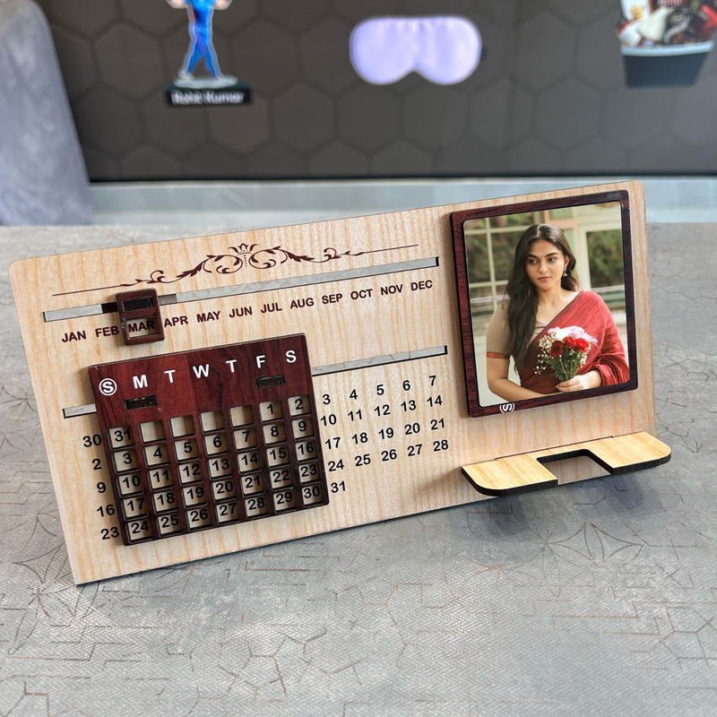 Personalised Infinity Calendar Stand with Photo Frame & Mobile Holder