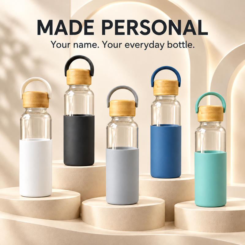 Personalized Glass Water Bottle 750ml | Premium Transparent Bottle with Silicone Sleeve & Bamboo Lid | Custom Name Bottle for Home Office Travel & Daily Use