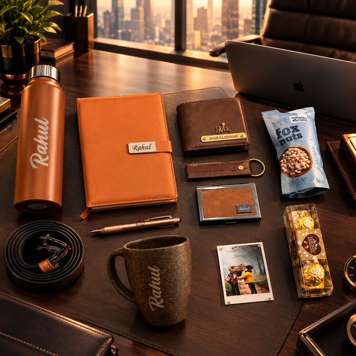 Alpha Customised Gift Set for Men | Personalised Aqua Steel Bottle, Diary, Wallet, Pen, Keychain, Card Holder, Belt, Mug, Chocolates & Premium Accessories Gift Hamper