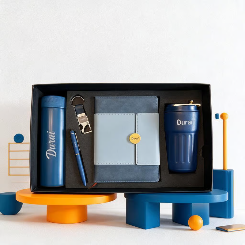Personalized Calista 5 in 1 Gift Set | Custom Name Flask Diary Travel Mug Pen & Keychain Combo | Corporate Birthday Office Gifting Set