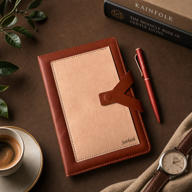 Regal Personalised Diary Pen Set | Premium Leather Finish Diary with Custom Name Panel & Matching Pen | Elegant Office Stationery Gift Set for Professionals