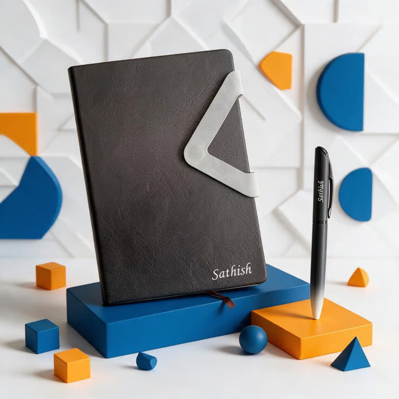 Volas Personalised Diary Pen Set | Premium Leather Finish Diary with Custom Name Printing & Matching Pen | Elegant Office Stationery Gift Set for Professionals