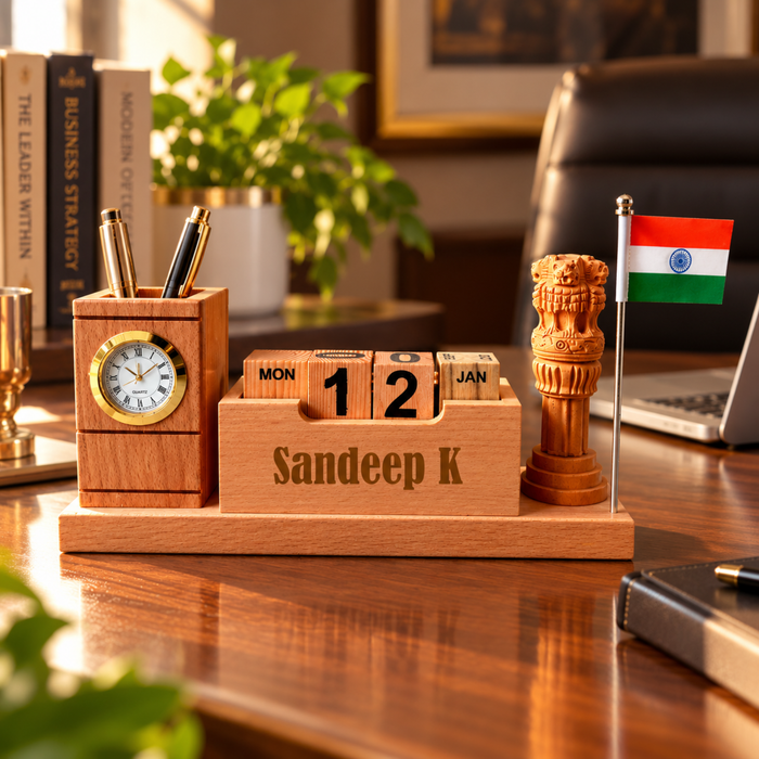 Personalised Emblem Pen Stand with Clock & Flag | Custom Desk Organiser