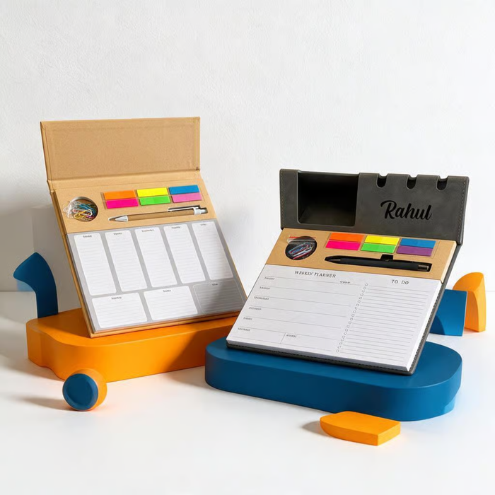 Smart Desk Organiser with Daily Planner | Mobile & Pen Holder with Sticky Notes | Multipurpose Office Desk Planning Organizer