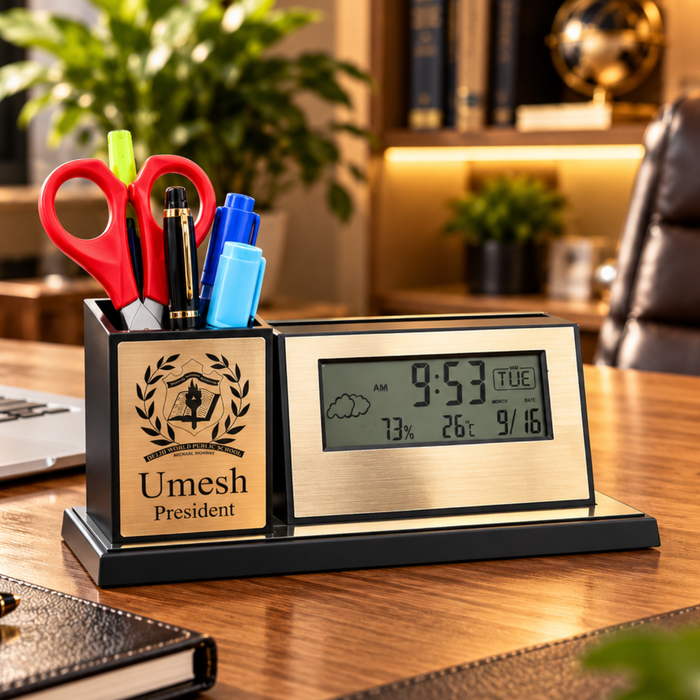 Personalised Digi Clock Pen Stand | Digital Clock Display with Custom Name Desk Organiser