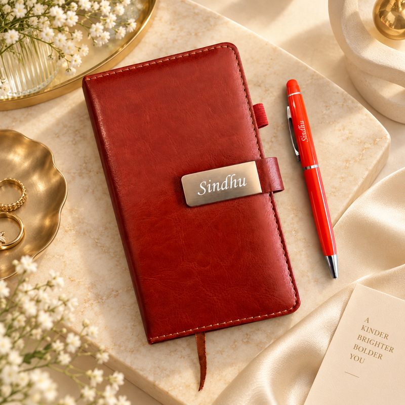 Pocket Personalised Diary Pen Set | Compact Premium Diary with Custom Name Plate & Matching Pen | Stylish Portable Office Stationery Gift Set