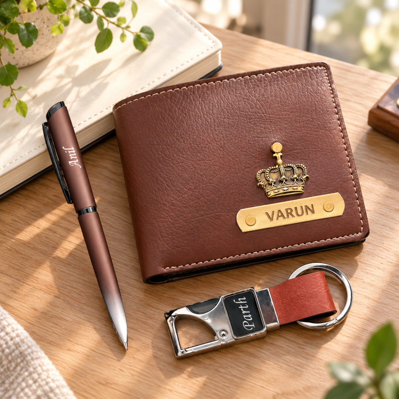 Nexon Customised Wallet Pen & Keychain Combo | Personalised Men Wallet, Pen & Bottle Opener Keychain Gift Set | Premium Accessories Hamper