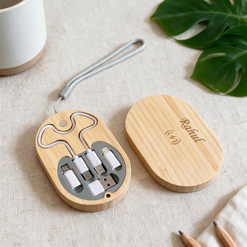 Personalized Bamboo Cable Kit | Custom Name USB Charging Cable Set with Multi Connectors | Compact Travel Tech Organizer for Office & Gifting