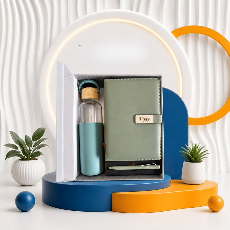 Personalized Orbitor 3 in 1 Gift Set | Custom Name Glass Bottle Diary & Pen Combo | Corporate Birthday Office Gifting Set