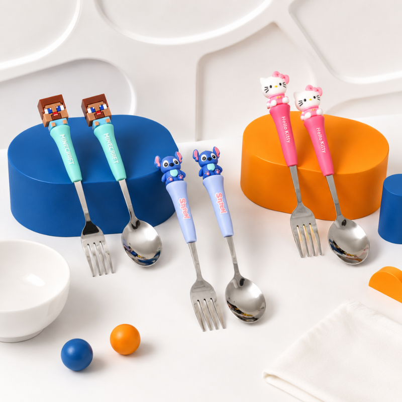 Fancy Silicone Fork & Spoon Set | Stitch & Hello Kitty Cute Character Kids Dining Cutlery for Everyday Use