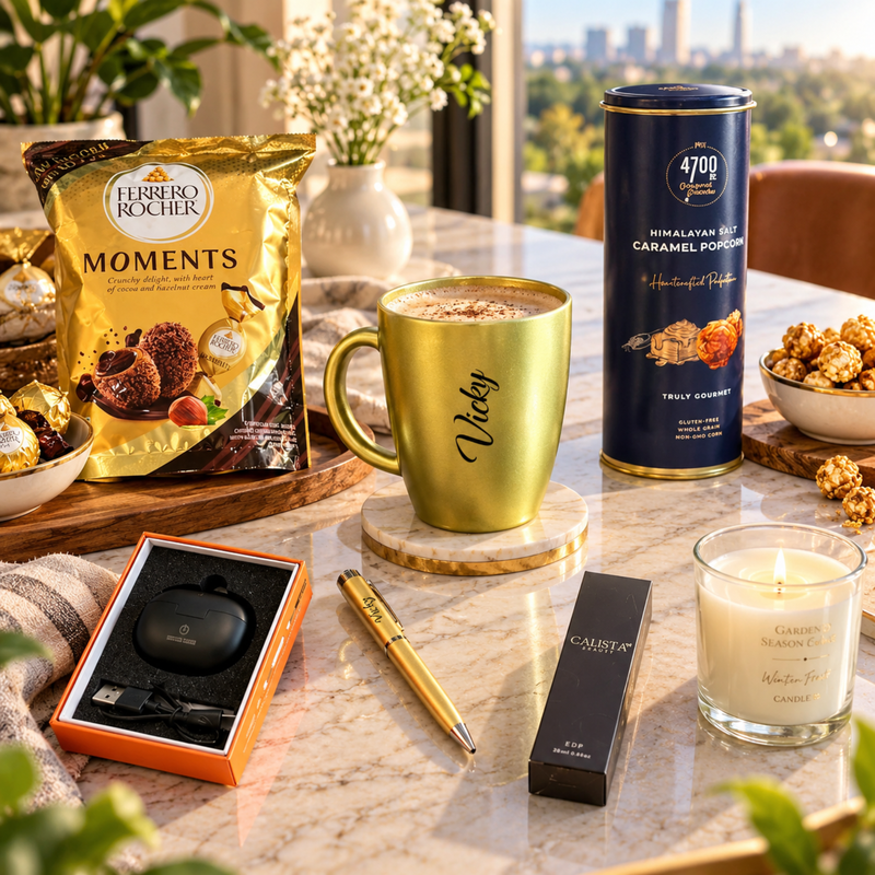 Luxury Customised Gift Hamper | Personalised Bistro Mug, Ferrero Moments, Popcorn, AirPods, Pen, Perfume & Candle Premium Gift Set