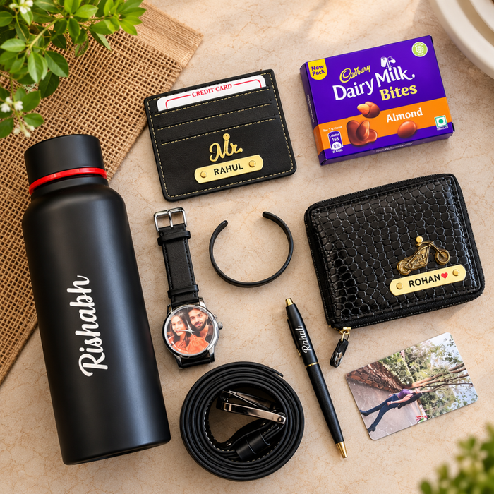 Gentlemen Customised Hamper | Personalised Bottle, Photo Wrist Watch, Wallet, Kada, Card Holder, Belt, Pen & Chocolate Gift Set for Men