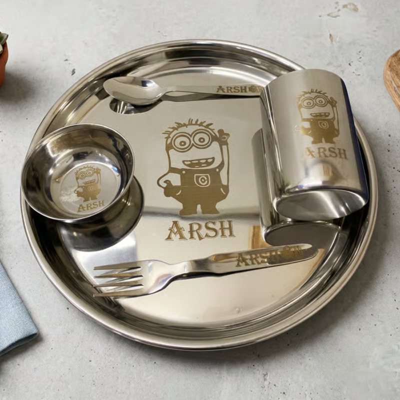 Personalized Round Dinner Set | Custom Name Plate Bowl Glass Fork & Spoon | Stainless Steel Kids Dining & Gifting Set