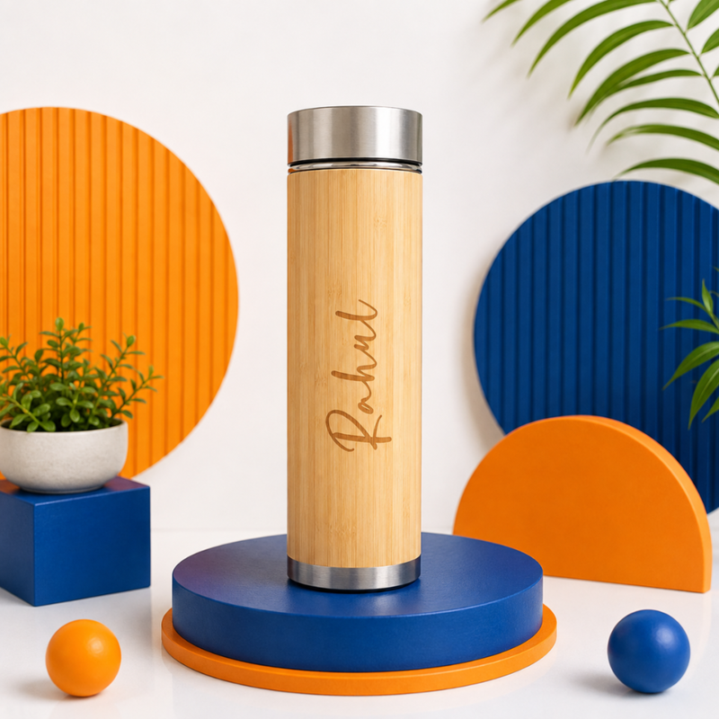 Personalised Bamboo LED Flask 500 ml | Stainless Steel Insulated Bottle with Temperature Display | Natural Bamboo Colour