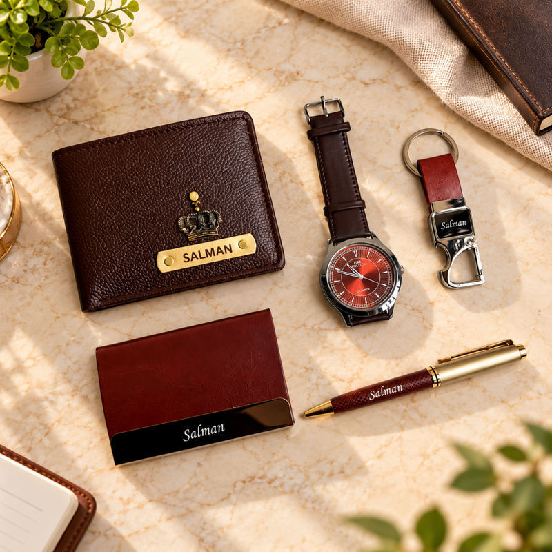 Timex Personalised Gift Set | Executive Wallet with Wrist Watch Pen Keychain & Card Holder | Premium Customised Gift Hamper for Men
