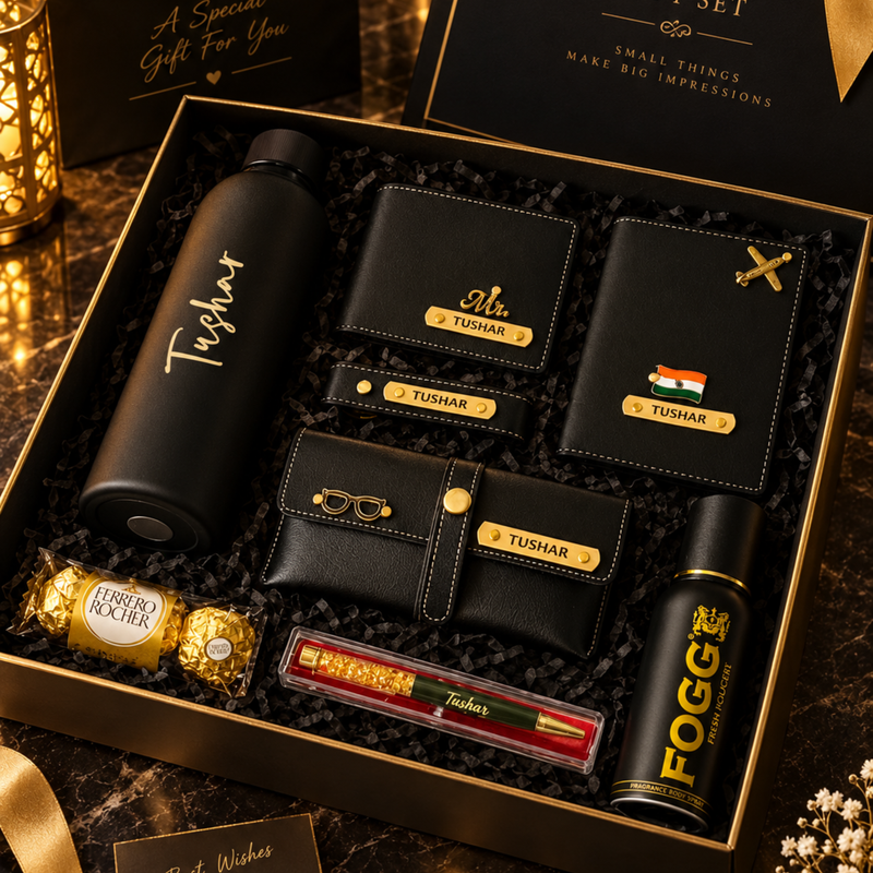 Customised All Occasion Gift Set for Men | Solid Flask, Wallet, Keychain, Eyewear Case, Body Spray, Gold Flake Pen & Ferrero Chocolates | Premium Personalised Gift Hamper