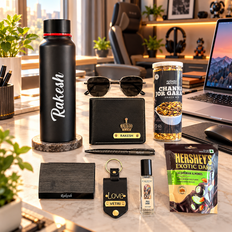 Genz Cool Customised Hamper | Personalised Boro Trek Bottle, Wallet, Pen, Photo Keychain, Sunglasses, Perfume, Snacks & Chocolate Gift Set