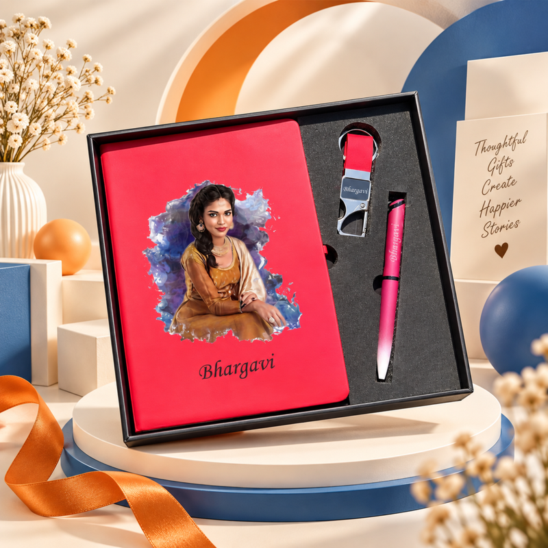 Personalized Artistic 3 In 1 Combo Gift Set | Custom A5 Diary with Pen & Keychain | Premium Corporate Gift Set for Men & Women