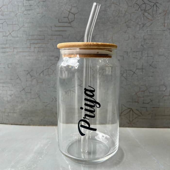 Personalised Borosil Glass Tumbler | Glass Cup with Wooden Lid & Straw