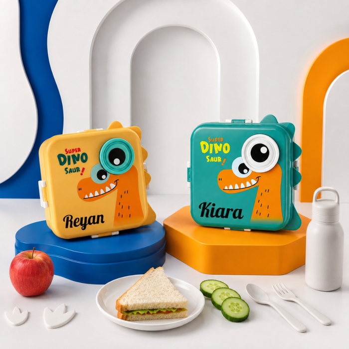 Personalized Lunch Box for Kids | 2 Partition & 3 Partition Stainless Steel Lunch Box with Fork & Spoon | Custom Cartoon Design